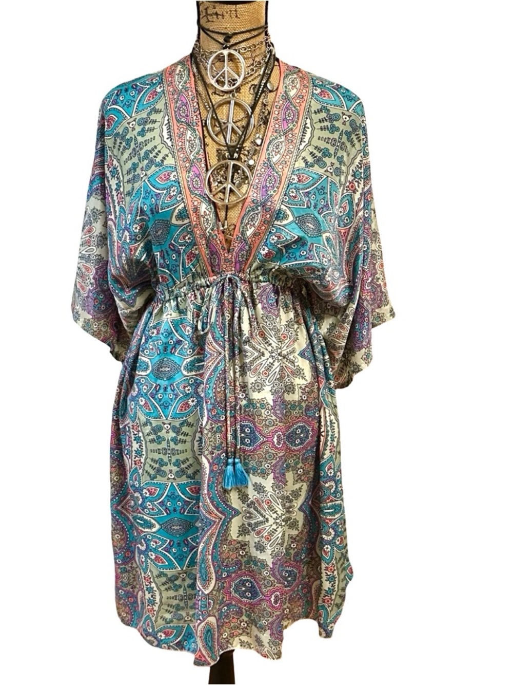 Festival Boho Paisley SHORT KIMONO STYLE DRESS - Teal Multi - OS - 70% SILK - Picture 13 of 17